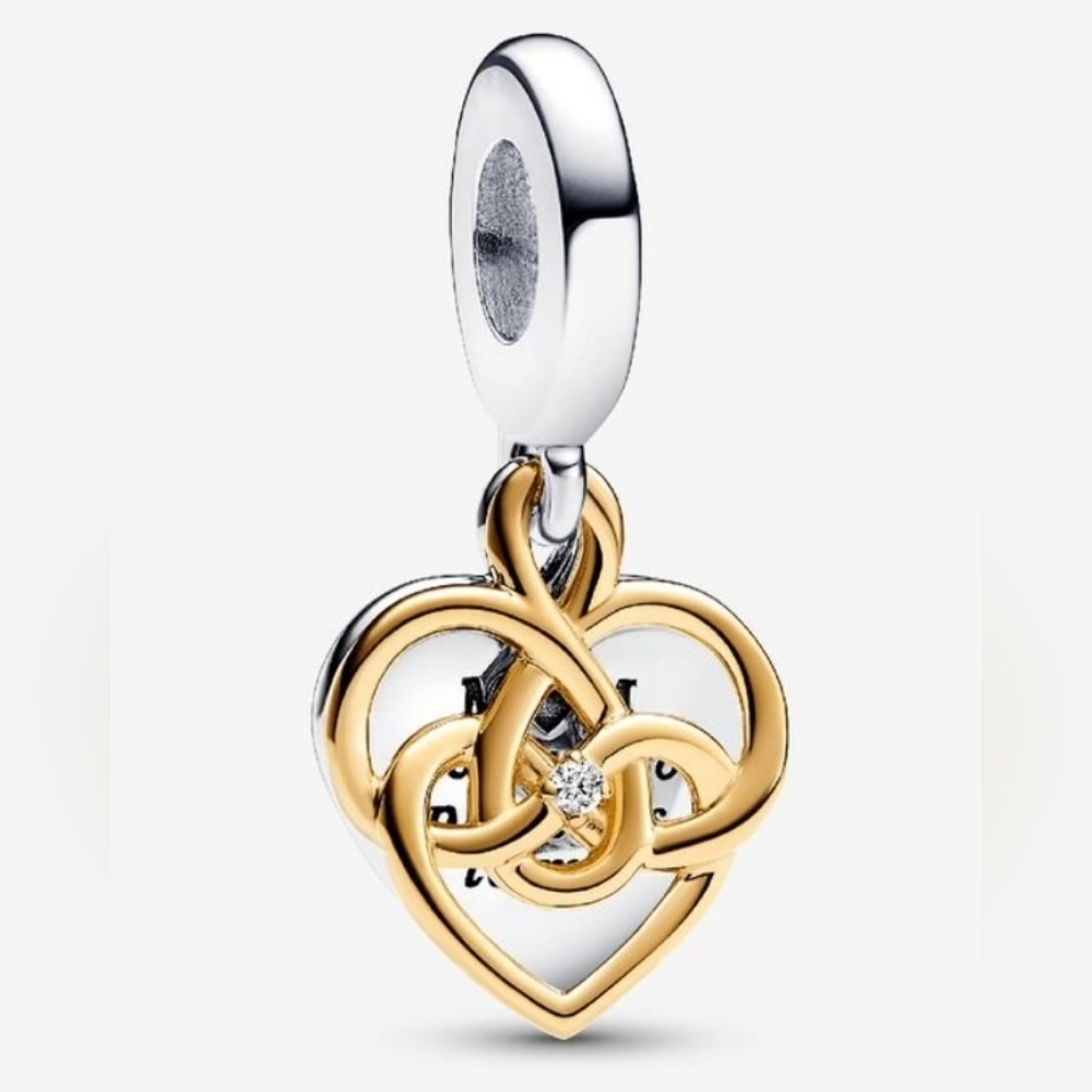 Authentic NEW Pandora Lab Diamond Engravable Mom Double Dangle Charm 14GP S925
